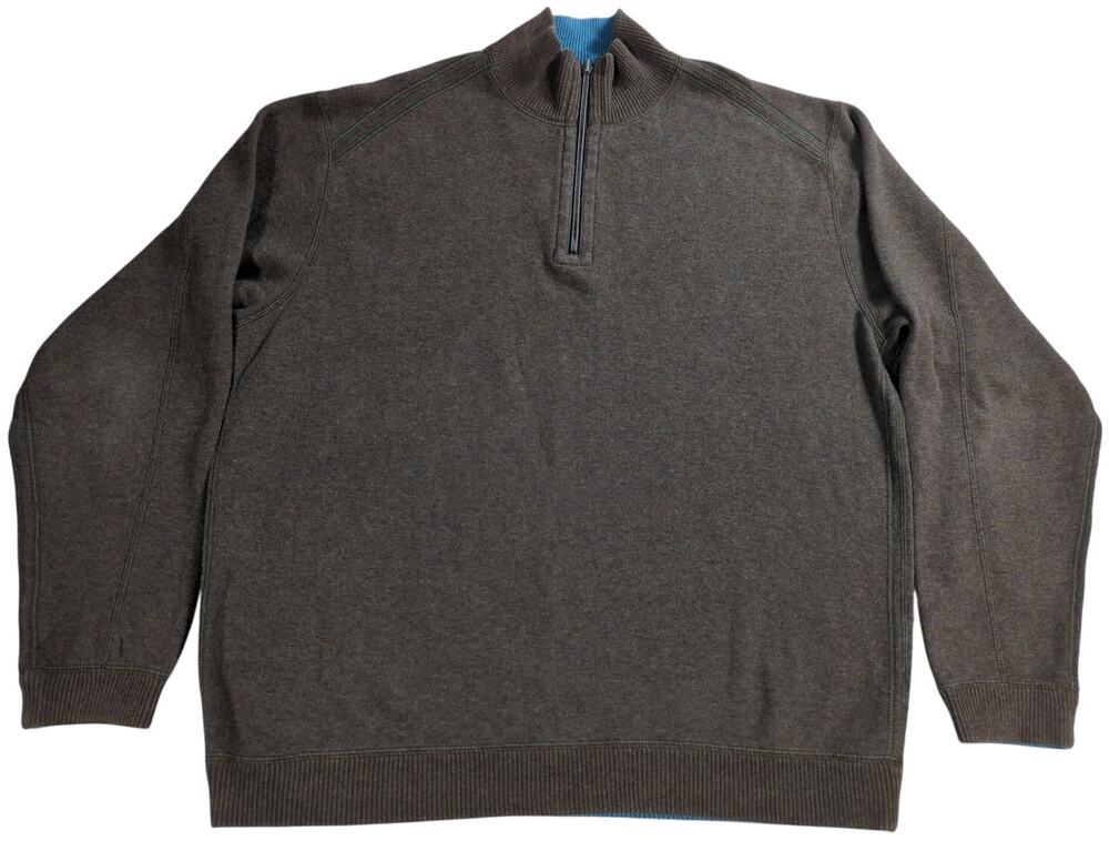 Tommy Bahama Sweater L Reversible Quarter Zip 100 Cotton Pullover Brown Blue